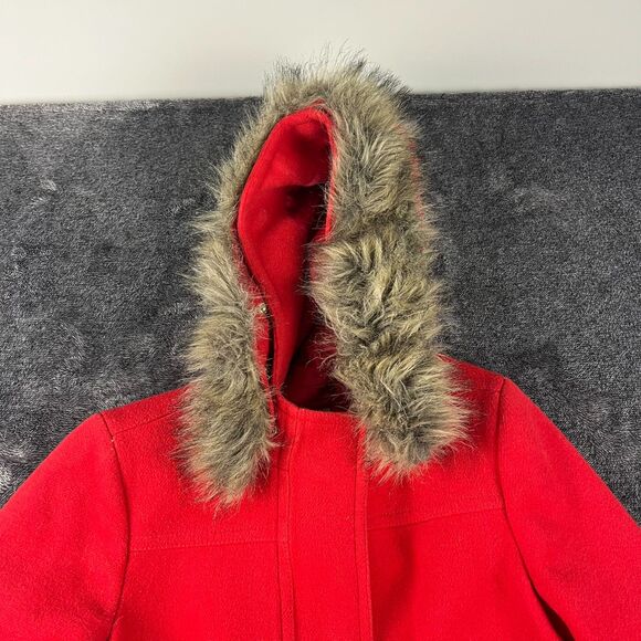 J. Crew Wool Blend Lined Faux Fur Hooded Coat Jacket Pockets Red Women's 4 - Picture 2 of 13